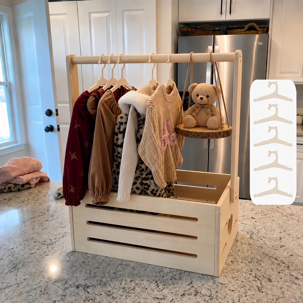 Image of Shelf Baskets, Wooden Shower With 5pcs Clothes Hangers | Decorative Storage Basket, Organizer, For Home, Gift Shelf Baskets For For Expectant Mothers Christmas Decorations