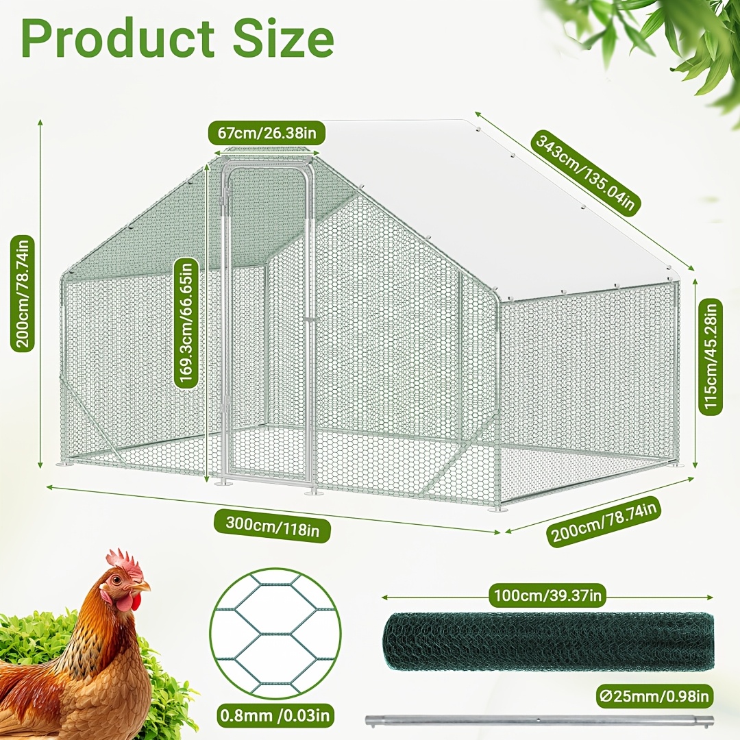 Image of Multiple Sizes Large Walk-in With Pointed Roof, Outdoor Heavy Duty Galvanized Steel Poultry Enclosure, Lockable Door, Pe Cover, Hexagonal Wire Mesh For Backyard Hens Ducks Rabbits Small Animals