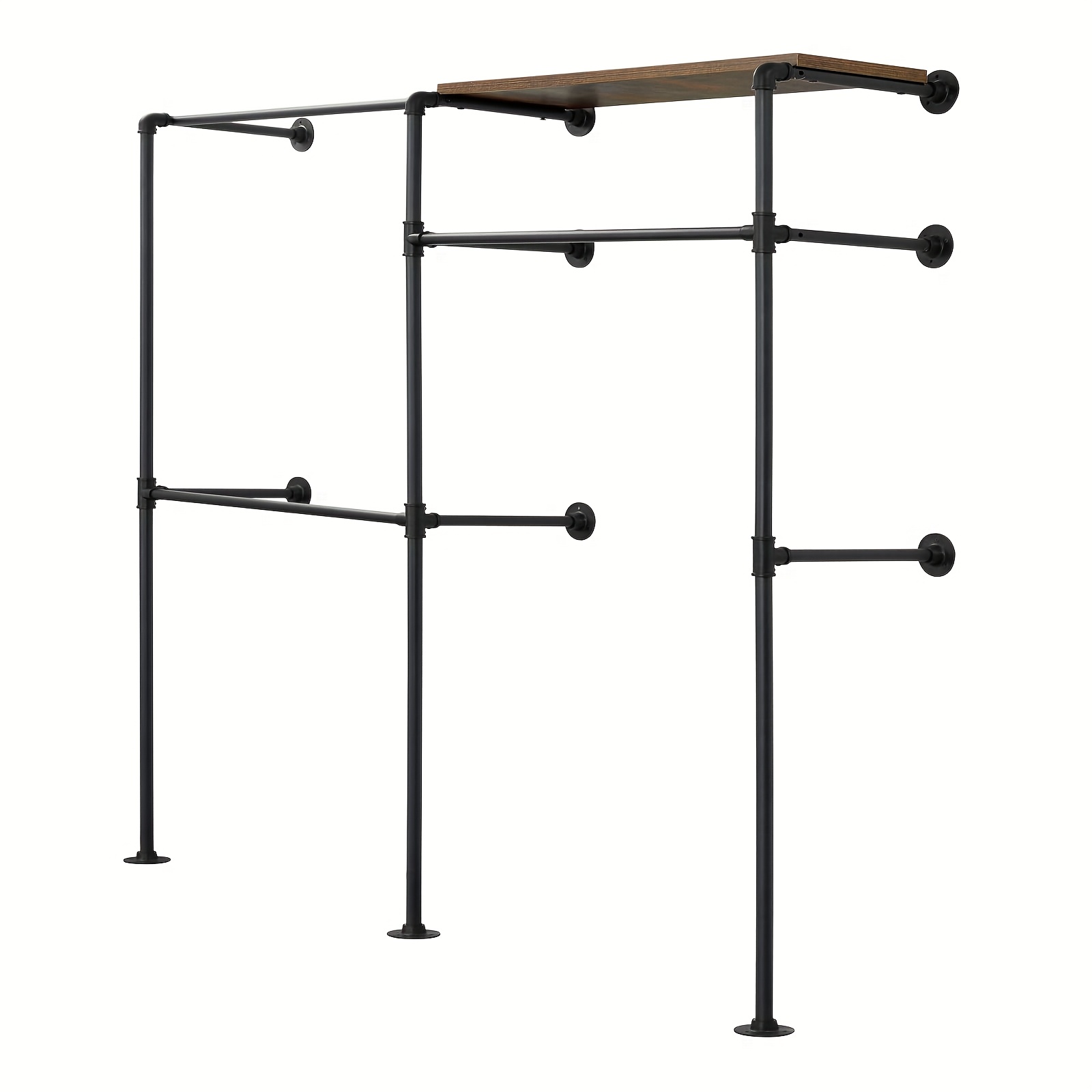 Image of 1pc Wall Mounted Clothes Rack, Vertical Clothes Rack, Open Wardrobe With 1 Shelf 3 Rods, Industrial Coat Rack, Metal Clothes Rack Plumbing, Black +