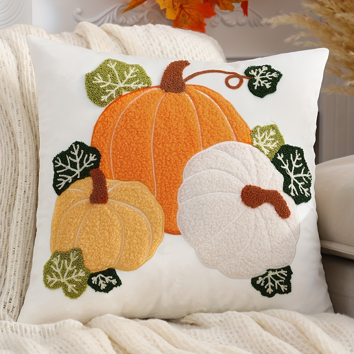 1pc Pumpkin Pillowcase, Halloween Decoration For Living Room And Bedroom, Flannel Embroidered