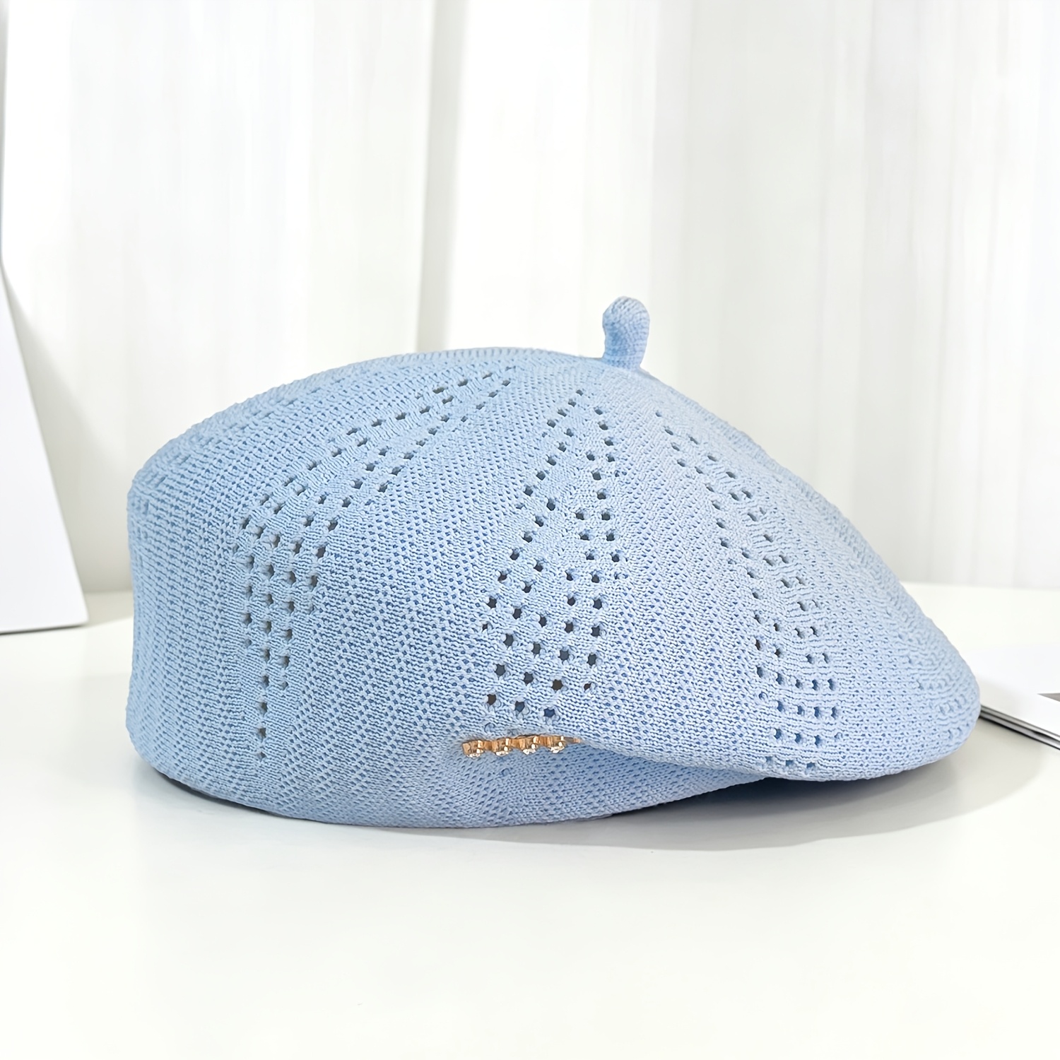 TEMU Damen Baskenmütze mit Ausfräsung, elastische Häkelmützen für Frühling und Herbst, Damen Freizeitmode, einfarbige Künstler-Mützen