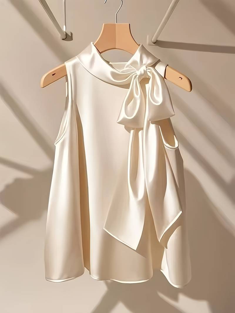 Women's Elegant Bowknot Sleeveless Blouse - Solid Color Round Neck Top Suitable for Weddings, Parties & Office Wear - Versatile Bow Accent Non-Stretch Blouses 0