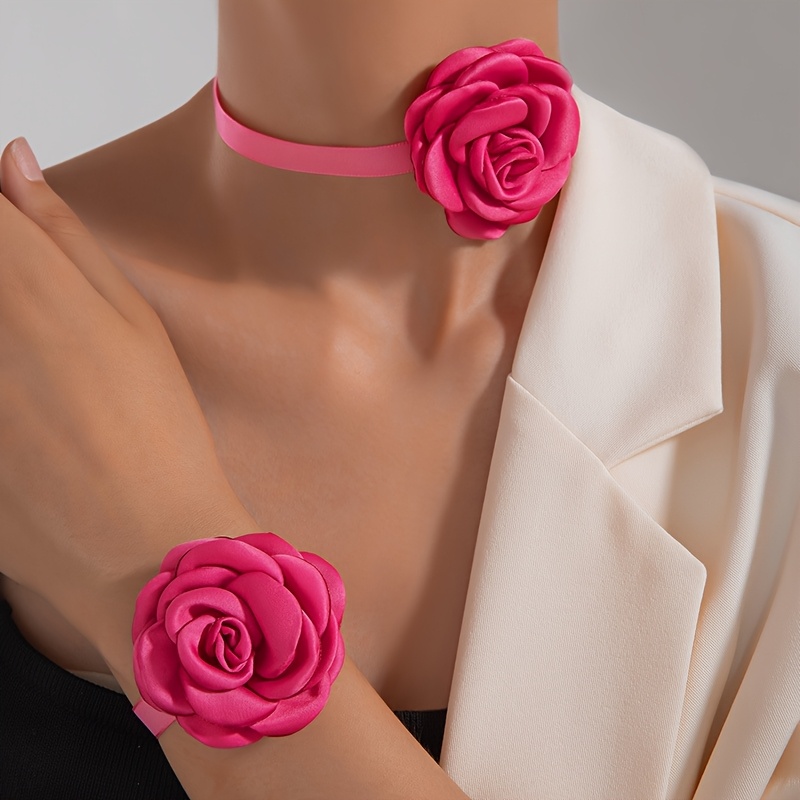 TEMU 2pcs Easy And Stylish Polyester Necklace And Bracelet Set, Flower Jewelry Gift Set, Perfect For Parties And Banquets As A Gift