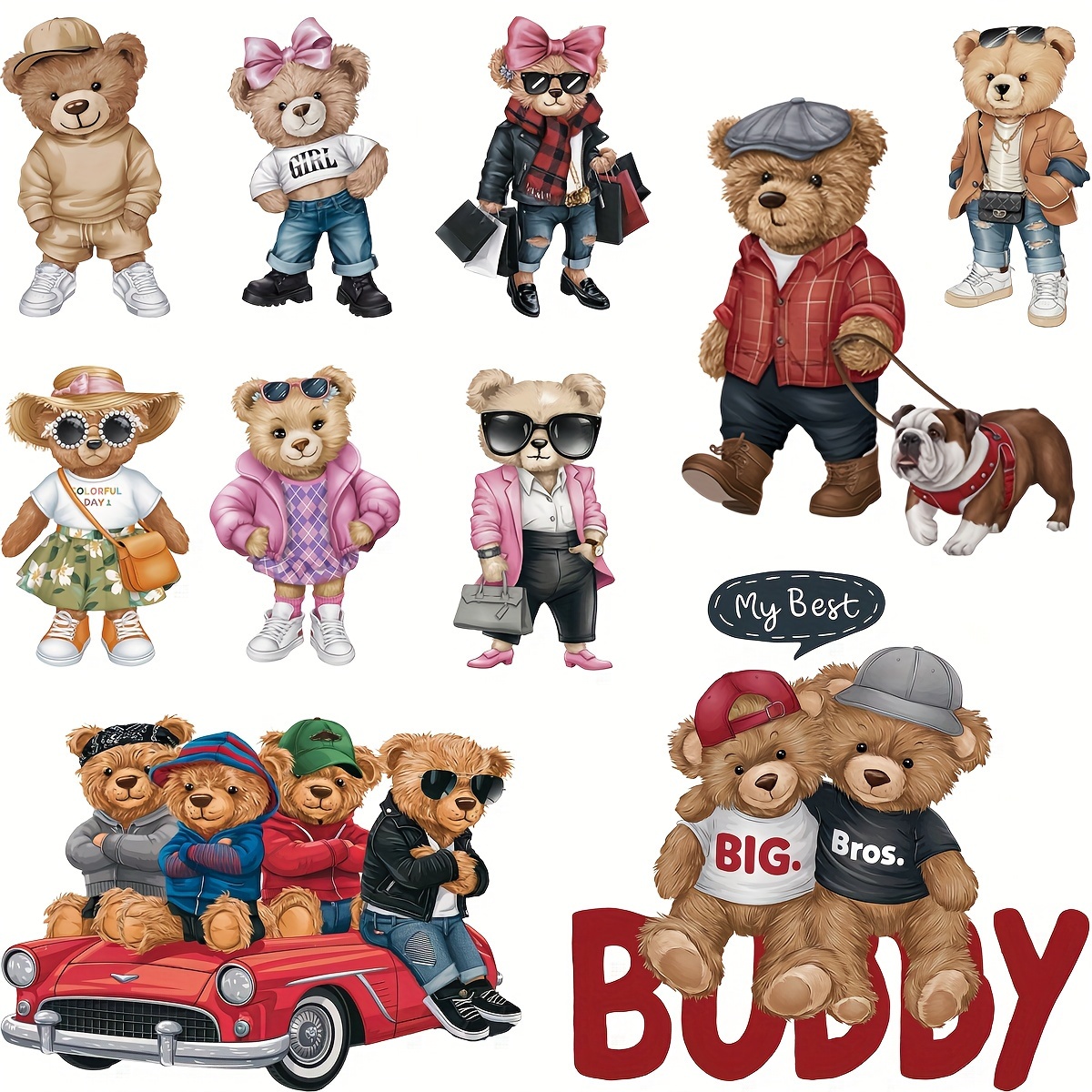 10개 빈일 아이언온 전사, 다색 귀여운 패션 베어 패치 티셔츠, 재킷, 코트용 - 빨 수 있는 열 전사 스티커 옷 장식용