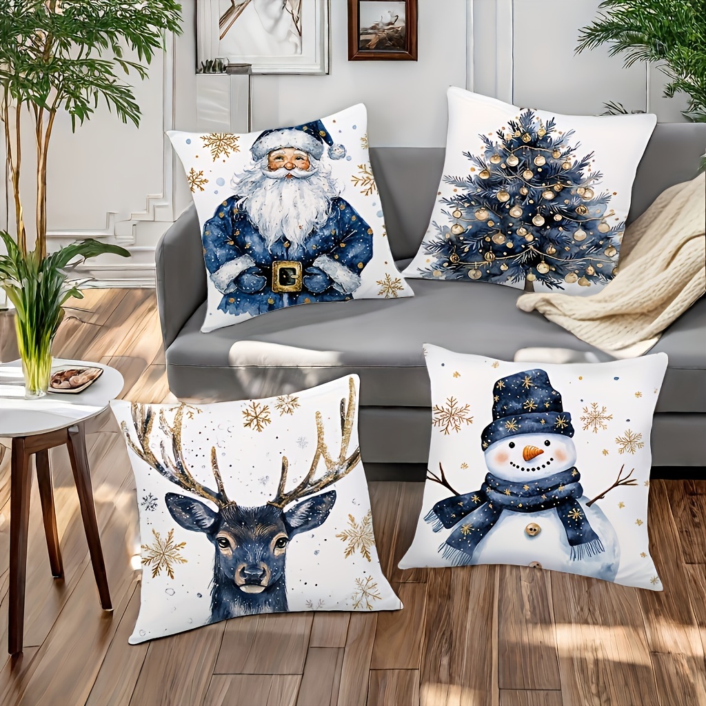 

4pcs New Christmas Pillow, Santa Claus, Snowman, , Blue, 17.72 * 17.72, Suitable For Living Room Sofa, Bed, Bedroom, Home Decoration, No Pillow