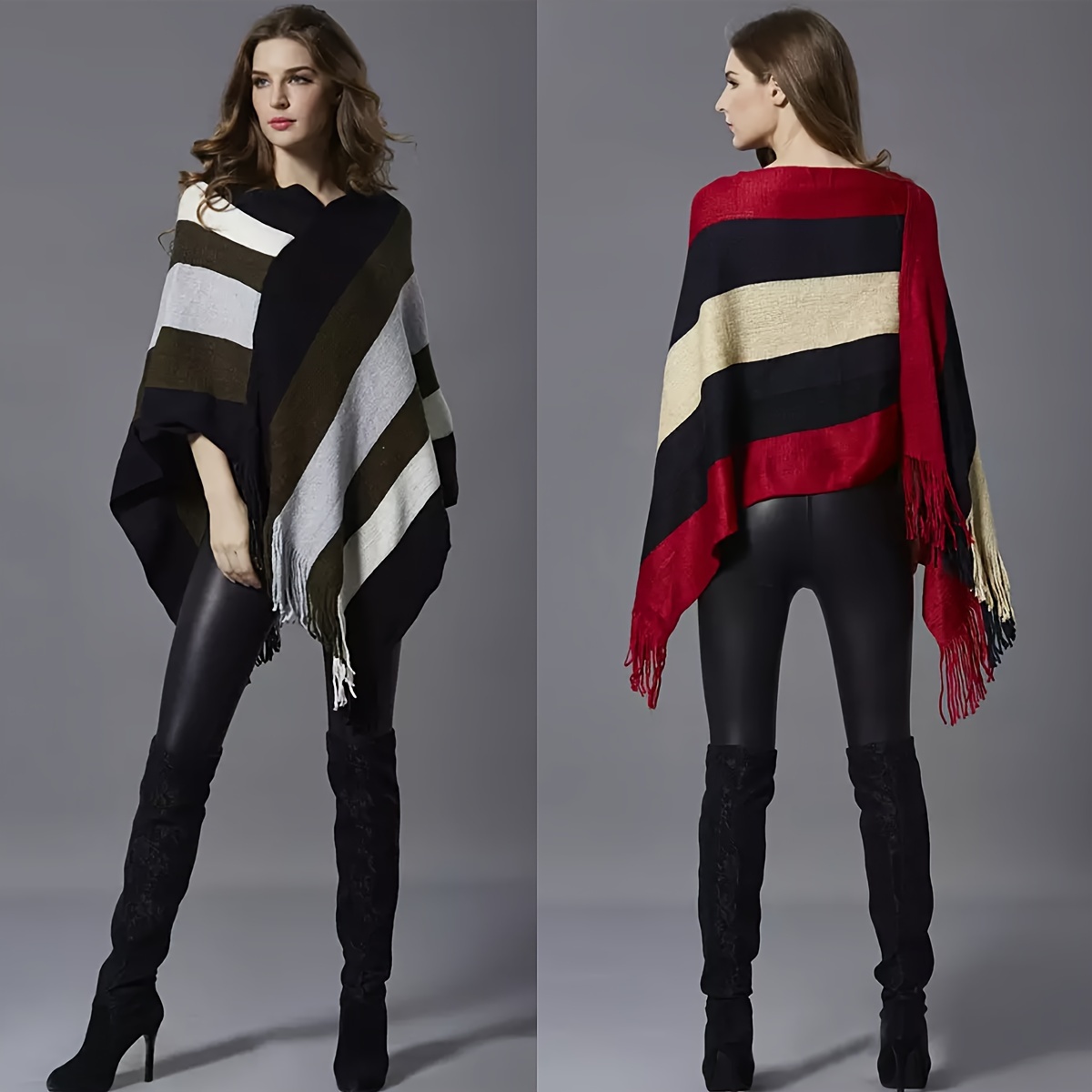 

Elegant Striped Tassel Poncho Shawl Wrap - Polyester Knit Cape Cloak For Autumn/winter - Fashionable Woven Women's Outerwear Sweater Shawl