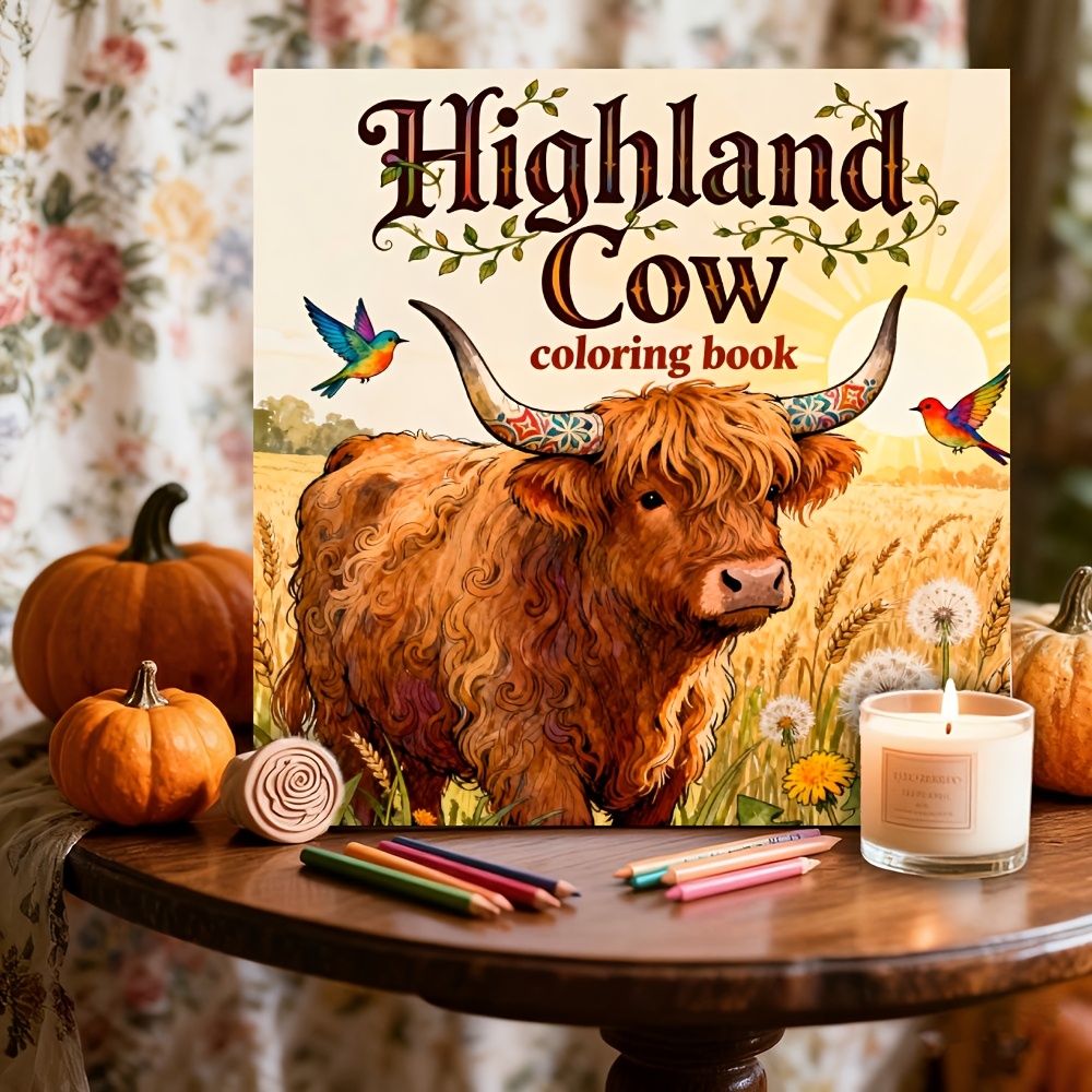 TEMU Highland Cow Coloring Book Suitable For Adults - 24 Pages Single-sided Printing With 20x20 Pages Of Scottish Cow Pictures, Stress Gift, Birthday