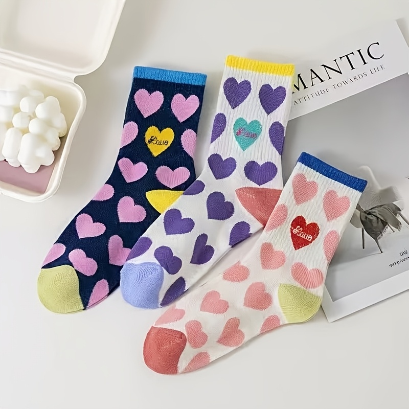 TEMU Mixed Colors - 3 Pairs Heart Women's Socks Trendy Men's Socks Mid-calf Long Socks Unisex Easy Skate Sports Socks Cute