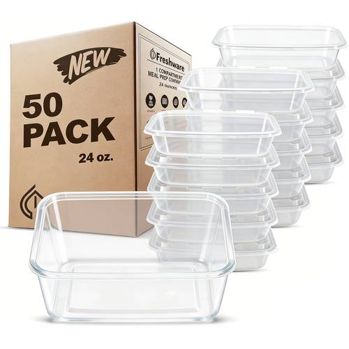 pack of 50 disposable food storage containers in sizes 16 22 25 and 33 ounces featuring leakproof lids reusable plastic lunch boxes are safe for microwave dishwasher and freezer use and are