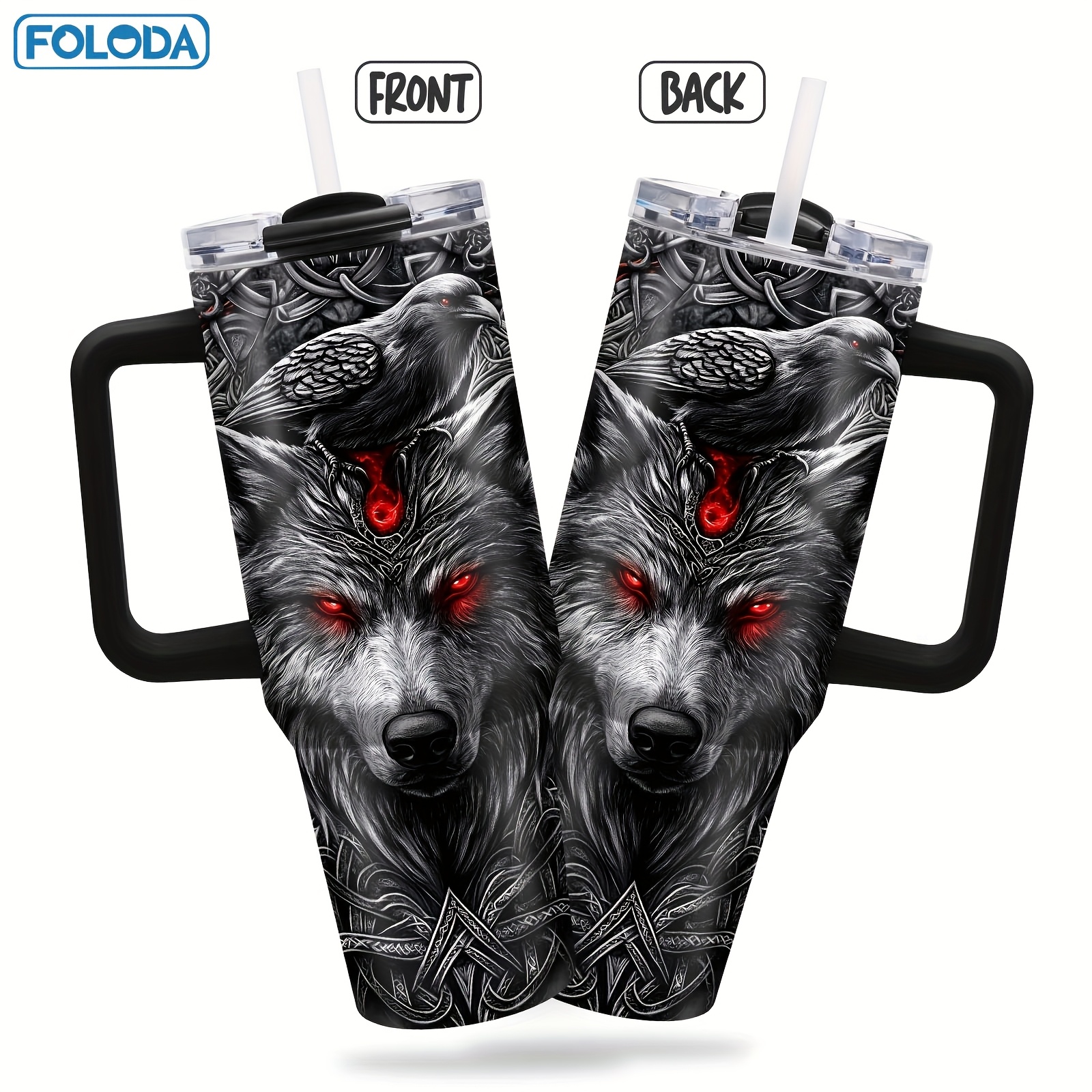 Gobelet Viking Wolf Foloda de 40 oz avec poignée et paille - Tasse de voyage isotherme en acier inoxydable, étanche, cadeau parfait pour les hommes, fête des pères, anniversaire, Noël, tasse de voiture pour l'extérieur, tasse de voyage pour café