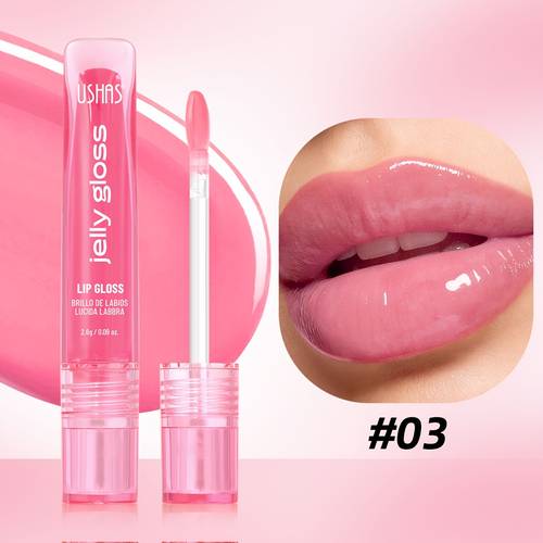 slika predmeta jelly lip glaze, lahek in nelepljiv, visok sijaj in poveča polnost, dolgotrajna hidracija in preprečuje posvetlitev ustnic, tekstura in enostavna uporaba, na voljo 6 barv, se lahko samostojno ali zlagano s šminko