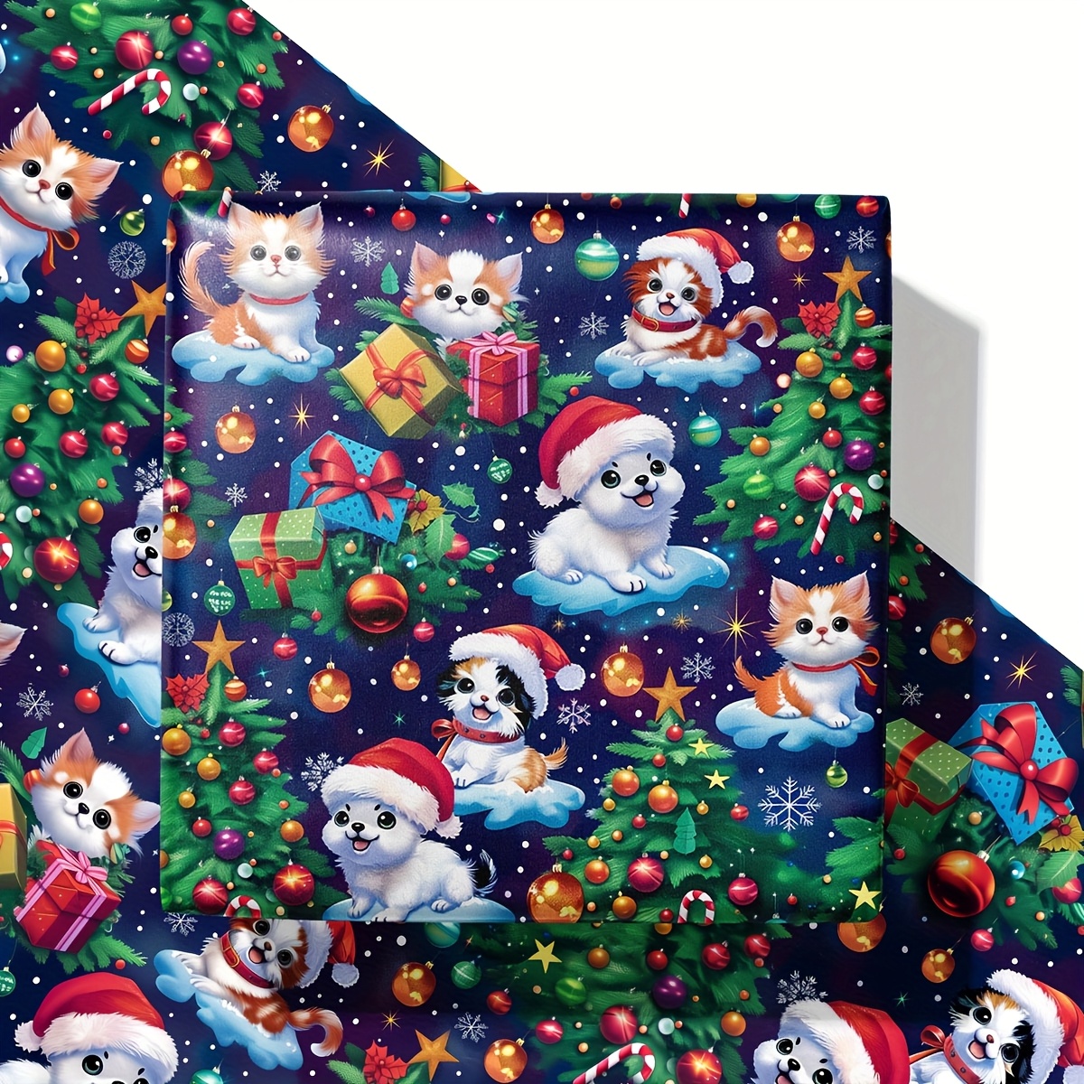 TEMU 4 Feuilles de Papier d'Emballage de Noël - Style avec Chapeaux de Père Noël, Cadeaux et Chats - Grand Format 19,7x27,5 Pouces pour Noël,