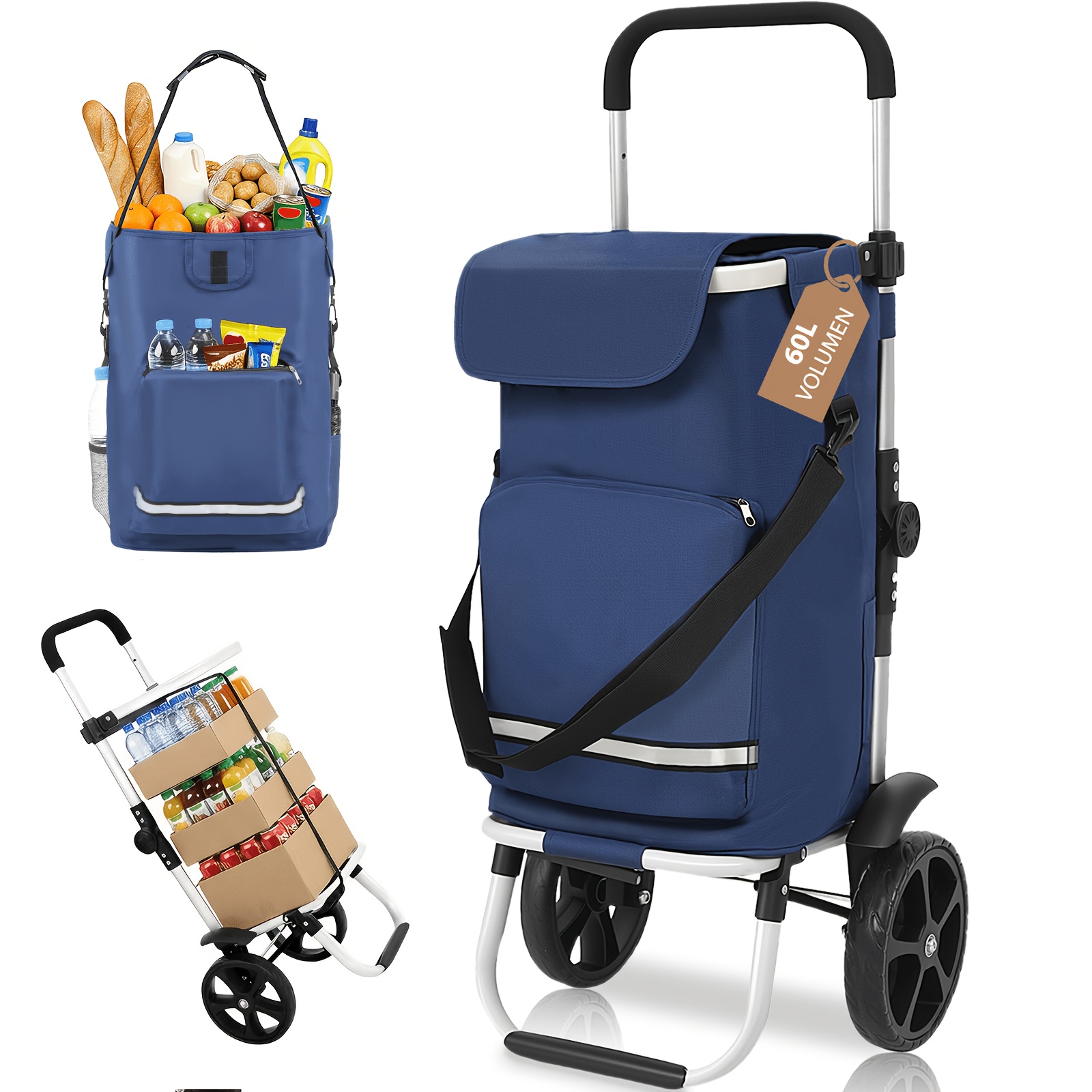 chariot de courses pliable 60l, chariot de courses pliable 3-en-1 en aluminium, poignée réglable en hauteur, avec compartiment de refroidissement et porte-boissons, extra large pour le shopping et le camping
