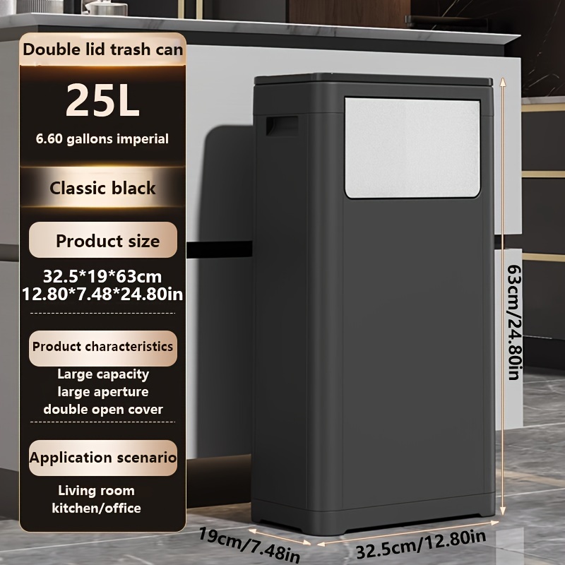 TEMU 32l/25l Dual- Trash Can, Black Plastic Rectangular Bin With Press/ Dual- Lid, Large For Home And Commercial Use, No Electricity Needed