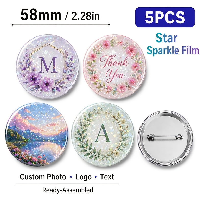 TEMU Custom Holographic Badge Pins 58mm, Personalized Photo Logo Text Button Pins With Shimmering Color-shift Film, 3 Holographic Styles, 1pc/5/10pcs