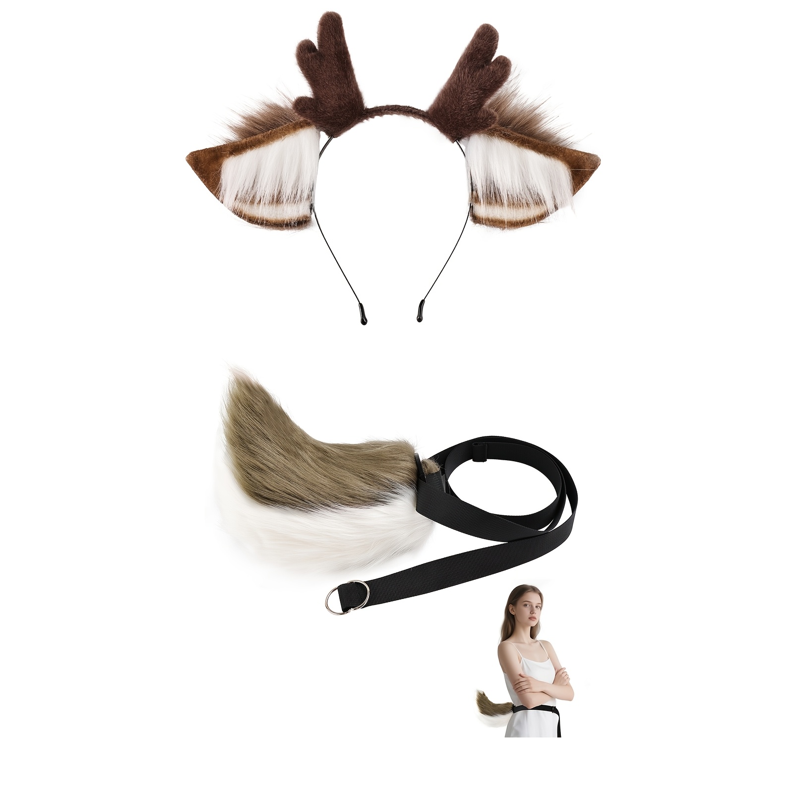 TEMU Christmas Reindeer Antler Headband With Elk Tail - Plush Deer Ears, Brown, Holiday Costume Accessory, Photography Prop