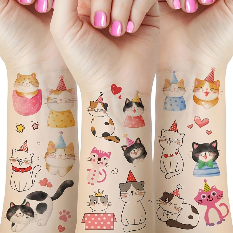 

12pcs Cute Cartoon Cat Temporary Tattoos For Boys And Girls, Cats Themed Birthday Party Pet Lover Party Decorations, Cute Kitty Fake Tattoo Body Art Stickers