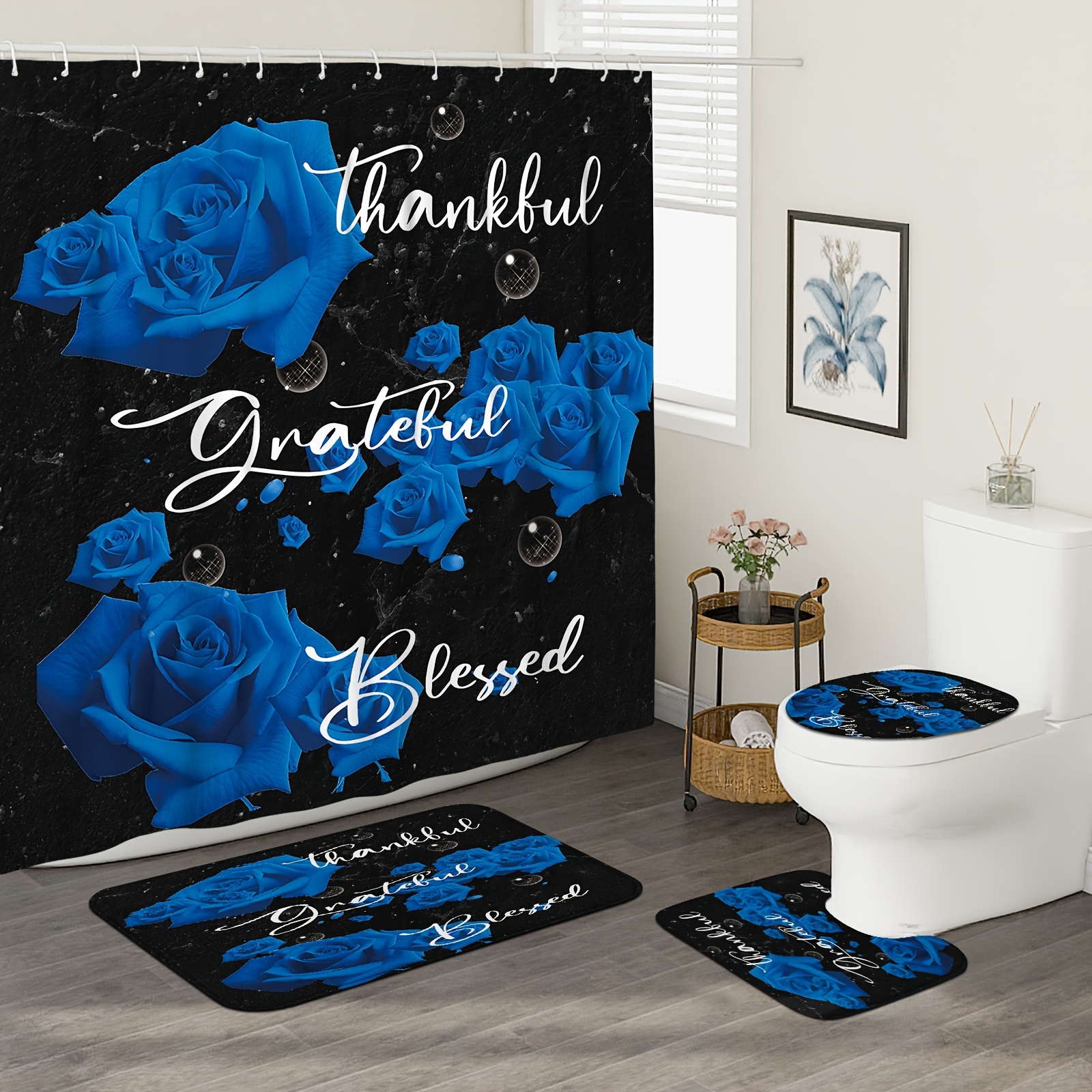 

1/4pcs Blue Black Rose Pattern Bathroom Shower Curtain Set, Waterproof Curtains With Plastic Hooks, Bathroom Carpet, U-shaped Mat, Toilet Cover Mat, Bathroom Decor