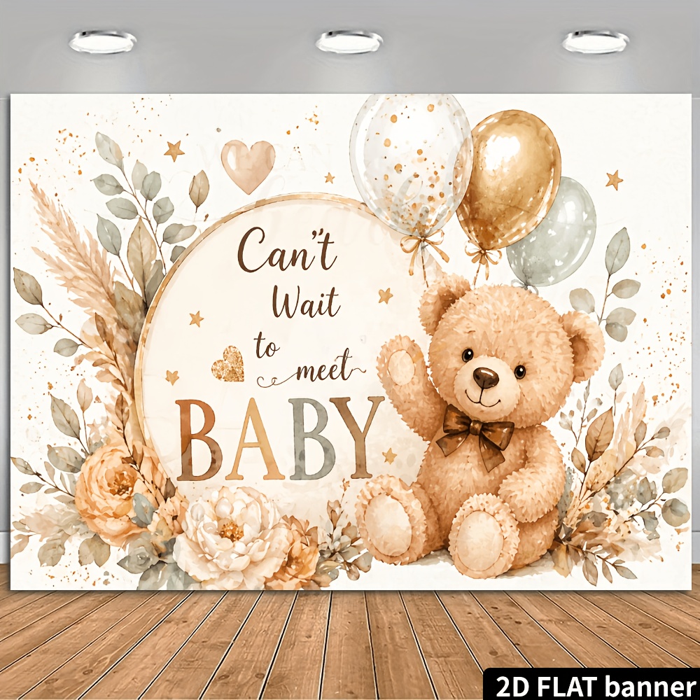 TEMU 2d Flat Home Welcome Party Banner Background With Cute Brown Teddy Bear Theme, Golden Balloons, Warm Tone Floral Branches, Heart And Star