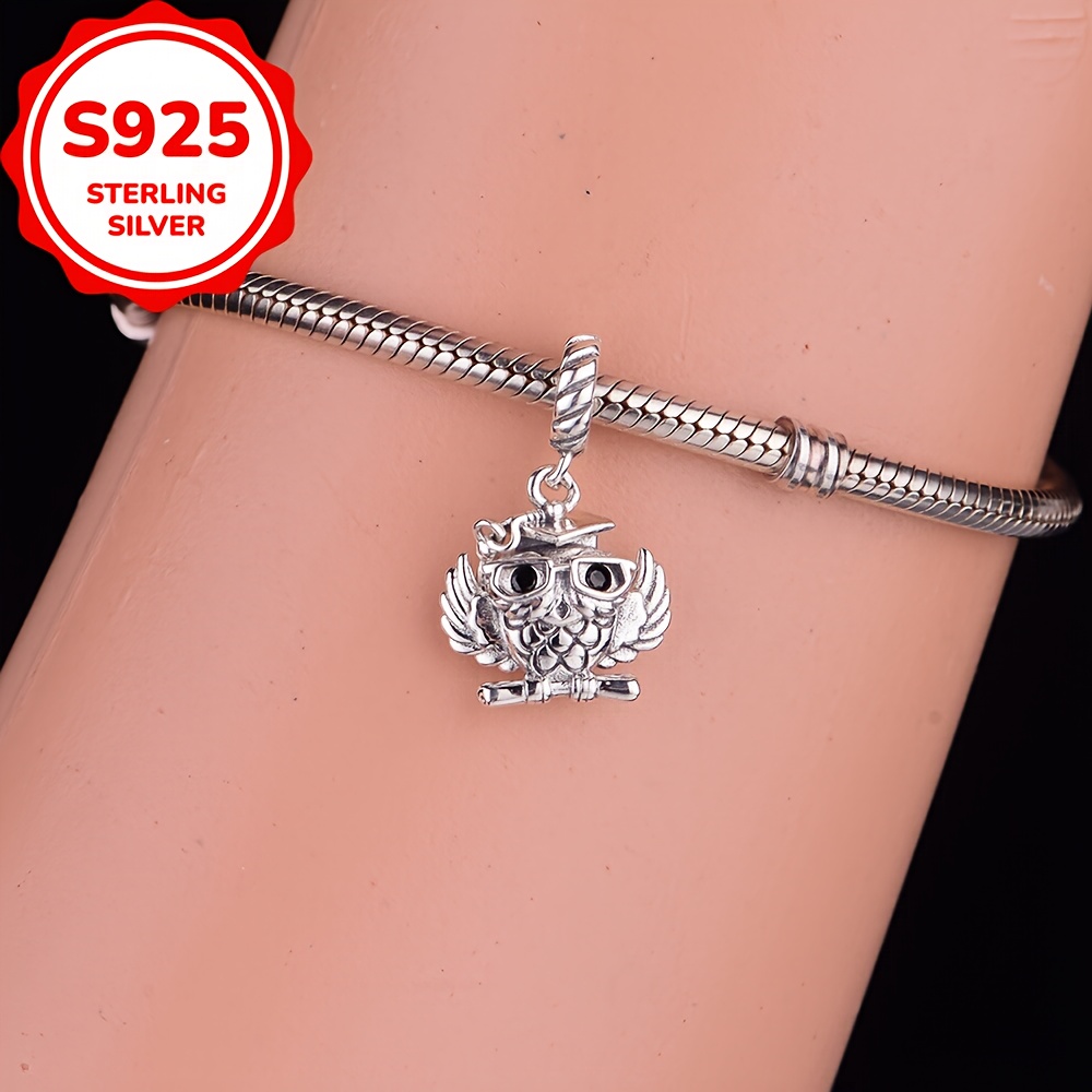925 Sterling Silver Owl Graduation Scroll Bead Pendant