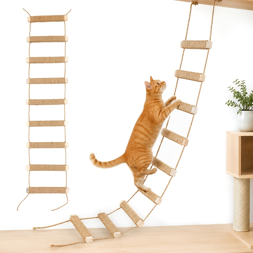 Cat Wall-mounted Hemp Rope Ladder, Cat Climbing Suspension Bridge, Sisal Cat Ladder, Solid Wood Wall Pet Furniture, Pet Climbing Toys, Cat Suspension Bridge For Play, Scratching And Resting.