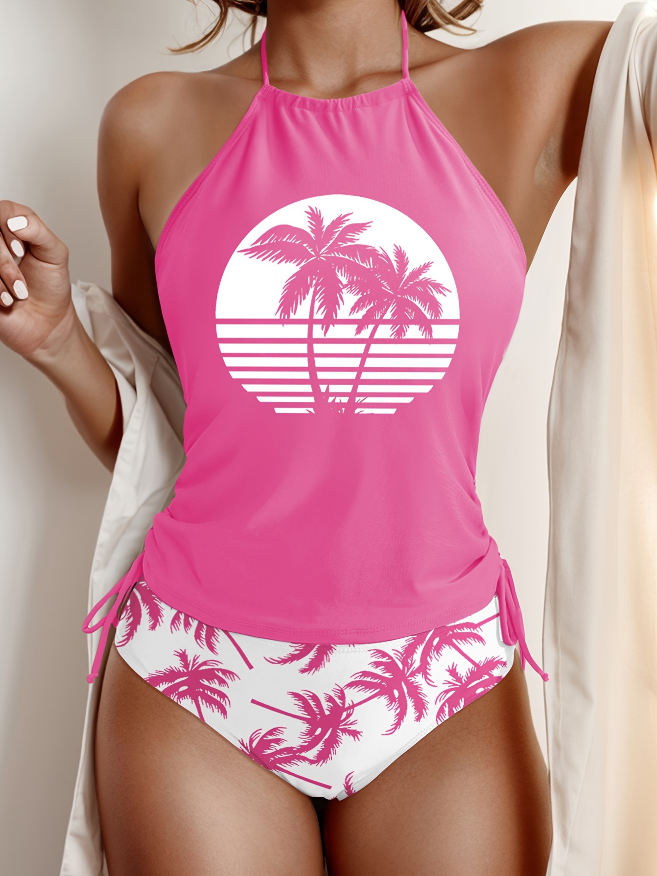 Coconut Tree Set Pattern Drawstring 2pcs Set Swimsuit, Halter Tie Neck Backless Stretchy Low Waist Bathing Suit for Beach Pool, Women'S Swimwear & Clothing