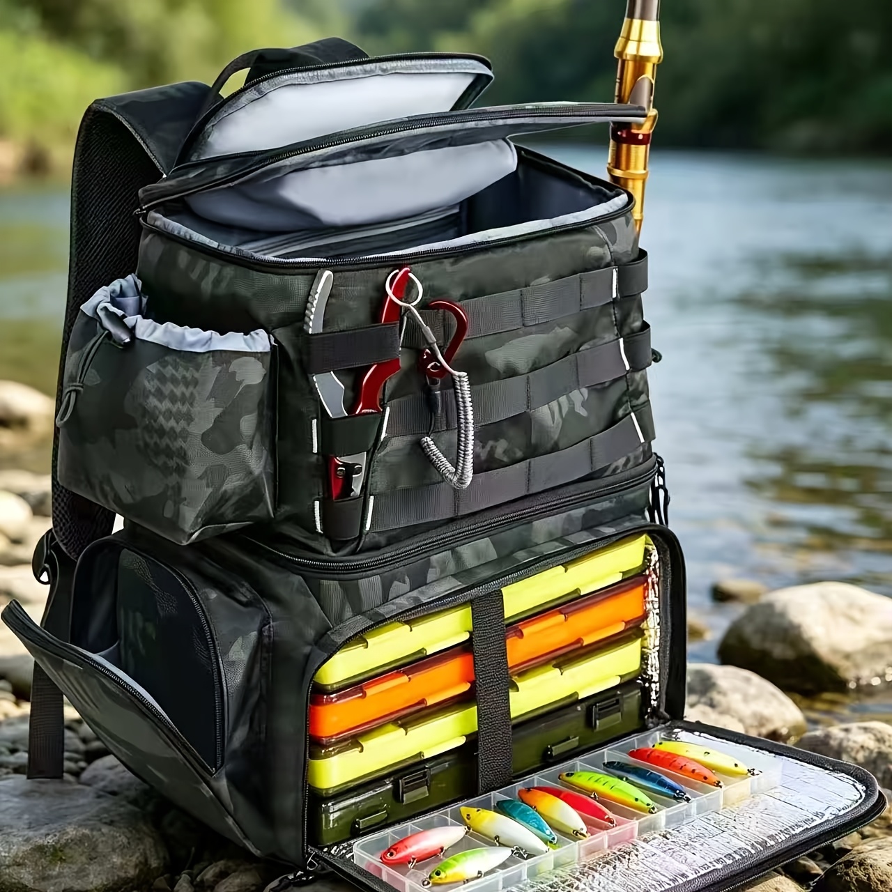 E-shop Ködertasche, Tarnrucksack, mit Rutenhalter isoliertem Fach, hochwertiger Angelrucksack für Herren, geeignet für Angeln, Wandern Camping, leicht