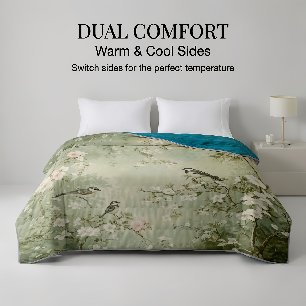 TEMU 1pc Summer Quilt Bird And Flower Scenery Print Machine Washable Reversible Cold Warm Quilt All Season Universal Home Air Conditioner Thin