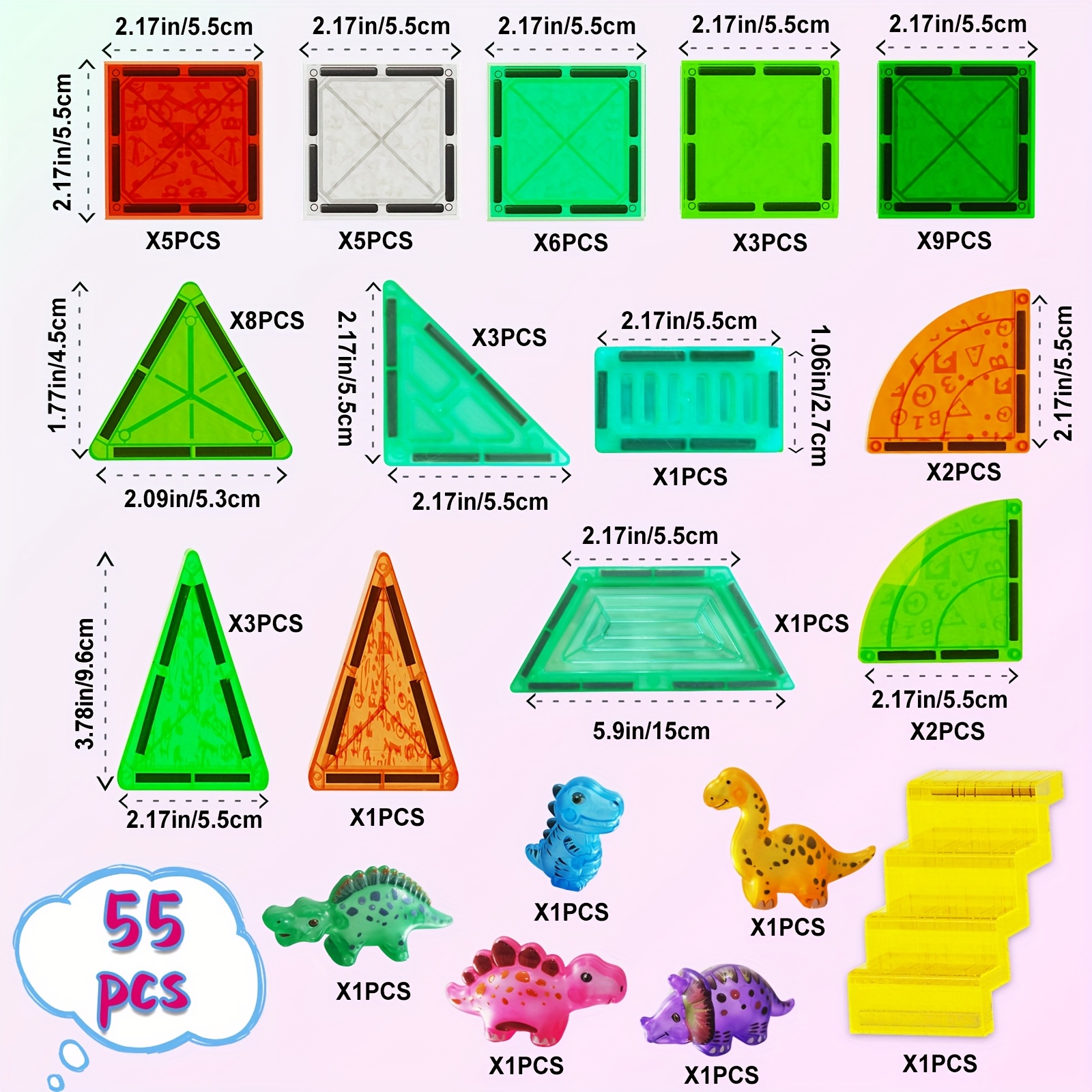 TEMU 27/55 Dinosaurs Deluxe Magnetic Tiles | 3d Diamond Magnet Tiles Building Blocks, Toys For 3+ Years, Stem Preschool Kids Sensory Educational Toys