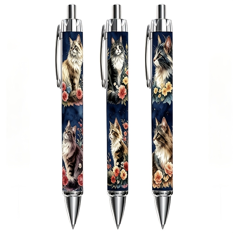 TEMU 3-pack Cat Floral Retractable Ballpoint Pens, Textured Cat Print Neutral Pens. Pen Body Features Premium Base, With Hand-painted Watercolor Cat