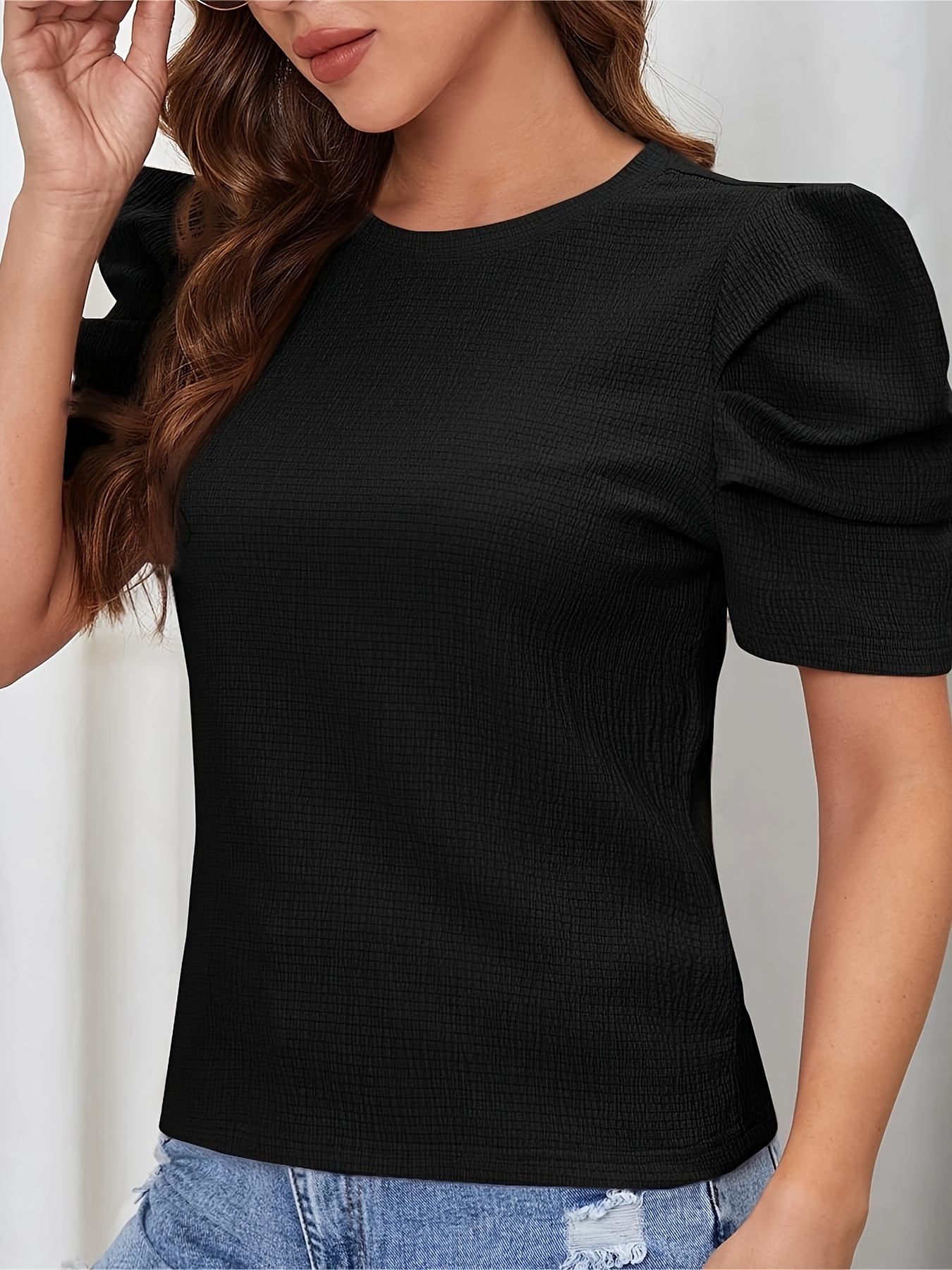 Solid Color Crew Neck T-Shirt, Casual Puff Sleeve Top For Spring & Summer, Women's Clothing