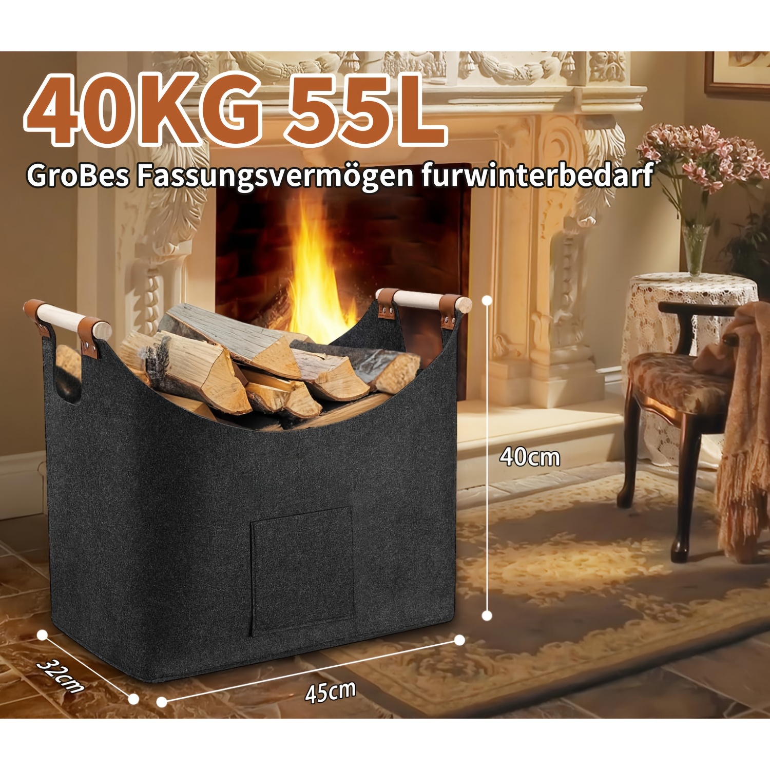 1pc xxl foldable wooden log basket 14 53gal thickened felt fireplace carrier with extended handles indoor wood burner for firewood vegetables dark gray details 2