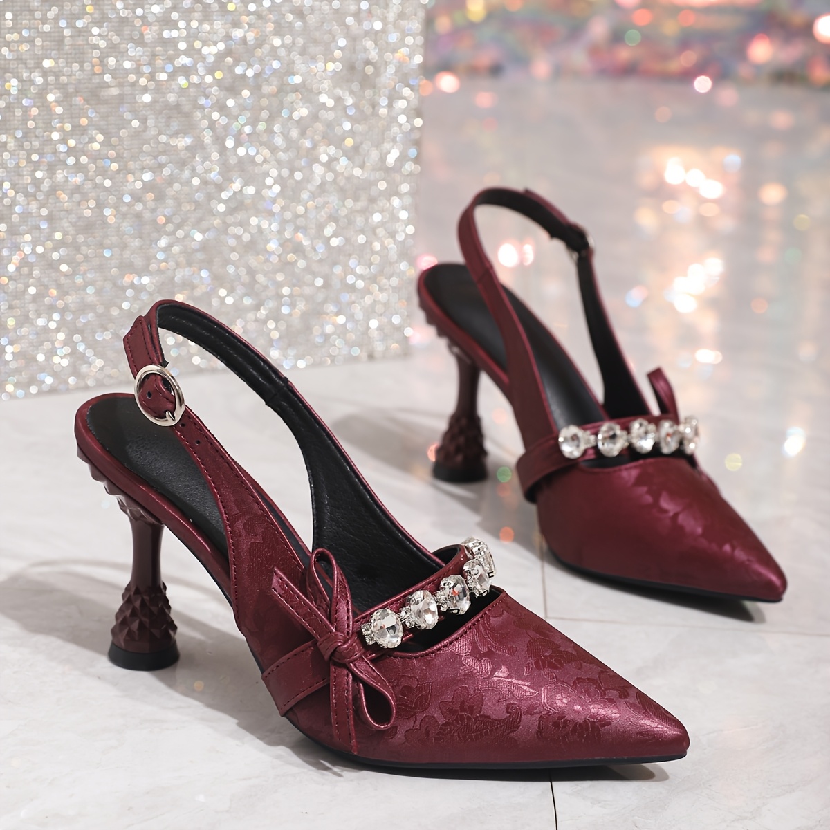 Elegant French-Inspired Pointed Toe Stiletto Sandals for Women - Summer High Heels with Ankle Strap, Rhinestone Embellishments & Bow Detail, Red & Black, Faux Cover, Perfect for Casual or Formal Occasions, Stiletto Heels