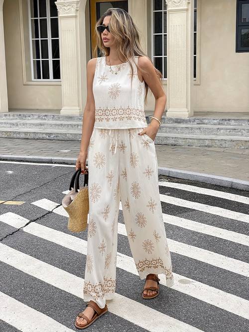 womens stylish summer 2pcs set sleeveless tank top with floral pattern wide leg pants polyester casual yet chic pocket detail tropical print ideal for spring summer outfit floral print top polyester