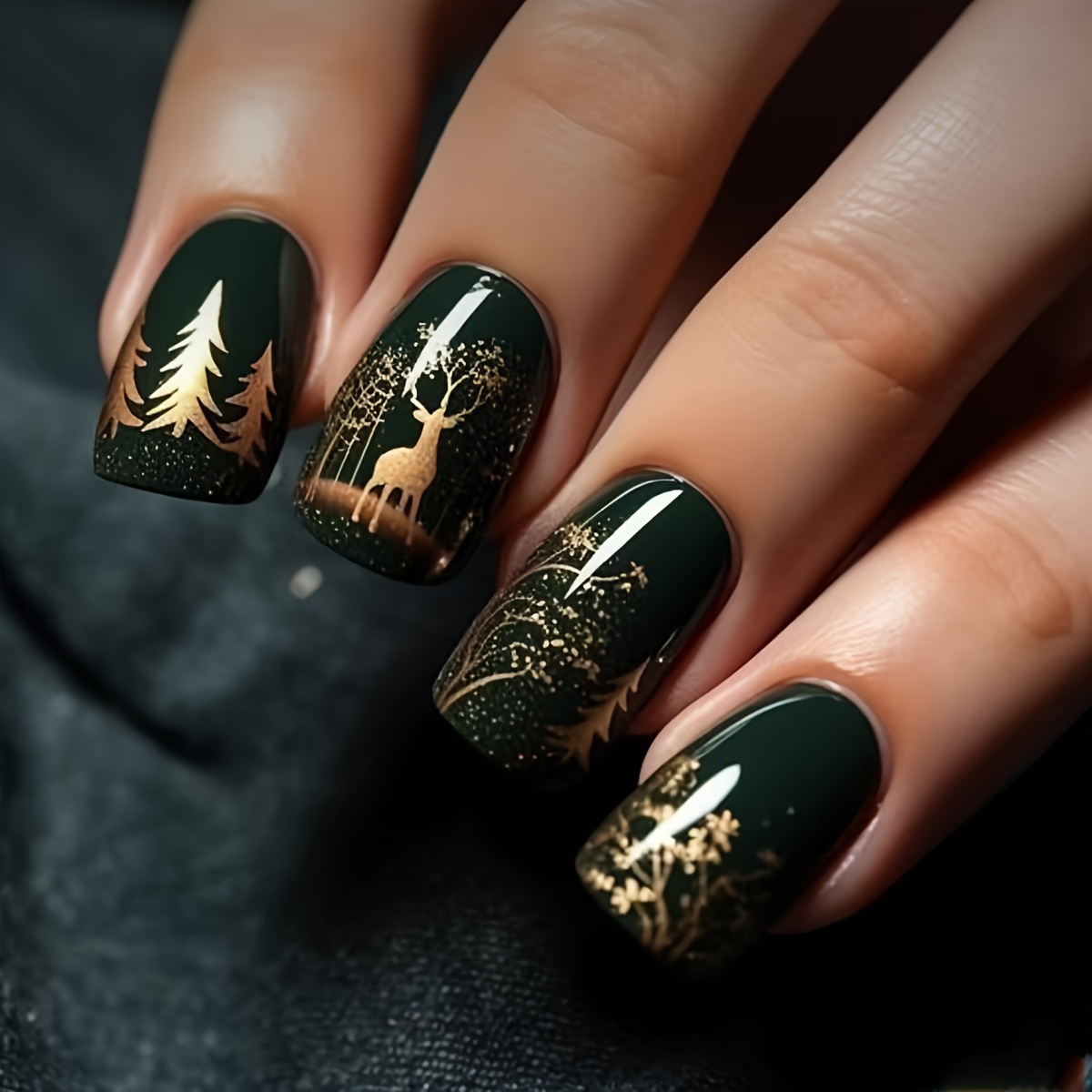 TEMU Christmas Short Glossy Reindeer Fake Nails, Cool Dark Green Nails With Golden Christmas Tree, Elegant Press-on Nails, Fashionable Removable Nail