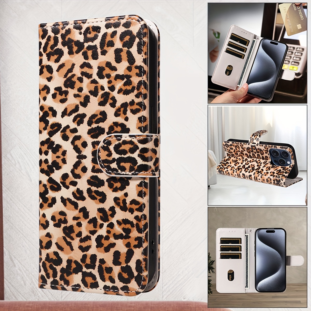 For Samsung Series Flip Cover Printed Leopard Faux Leather Case with Card Slot Faux Leather Mobile Phone