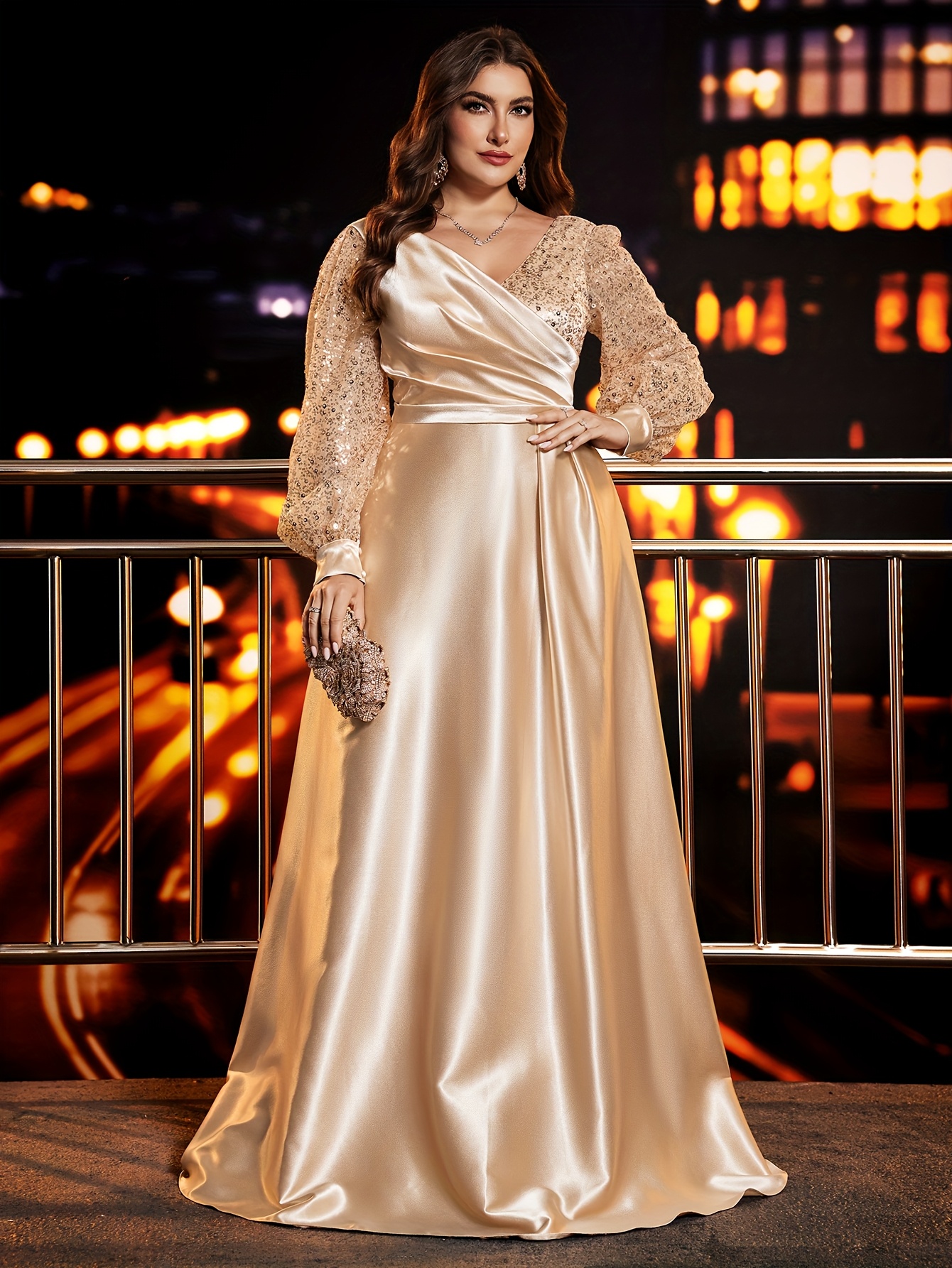 plus size plus size high quality satin sequined v neck a - Temu United Arab  Emirates