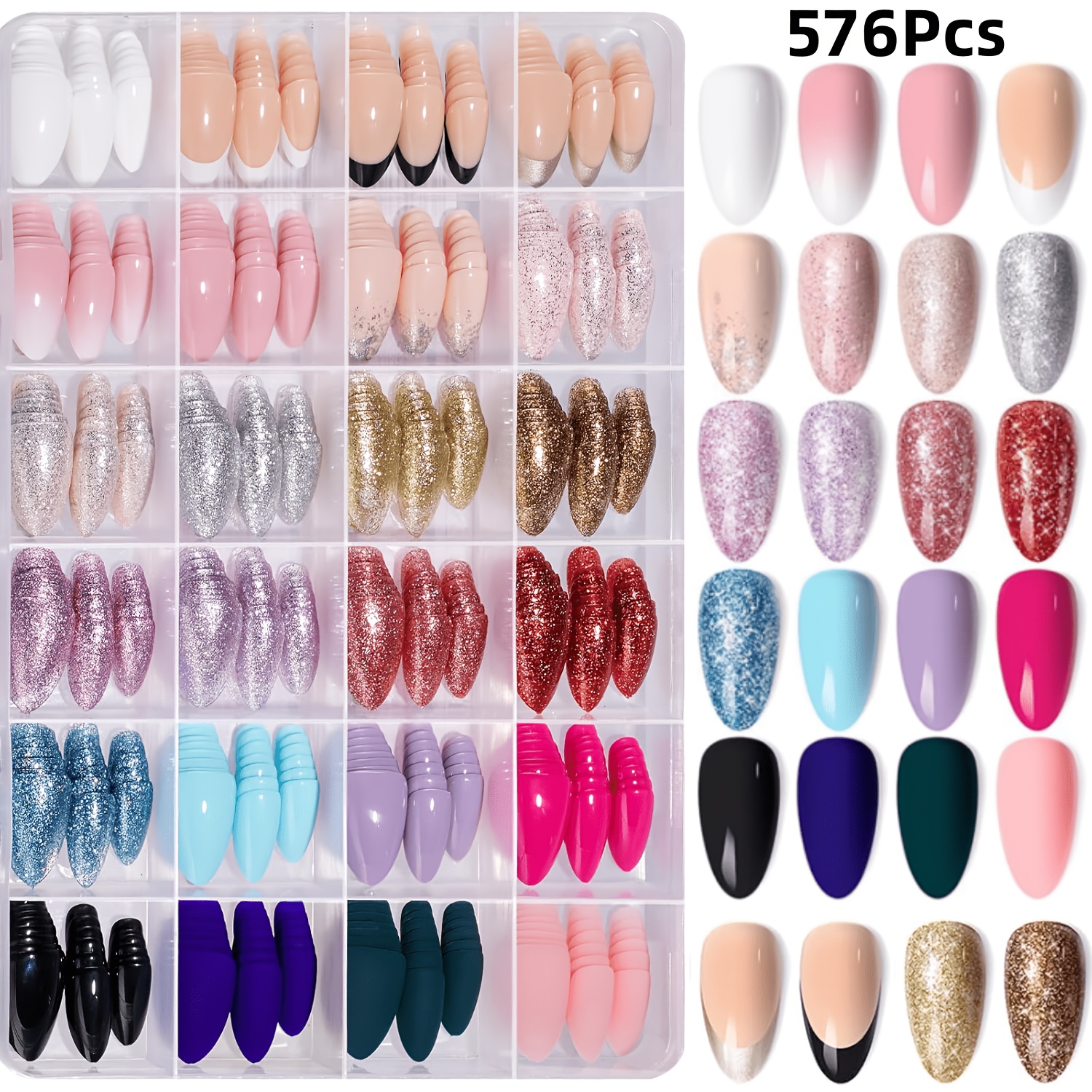 TEMU 576pcs 24 Colors Short Almond Press On Nails Suitable For Women & - French Tip False Nails With Glitter & Dopamine Color Palette, Natural Fit