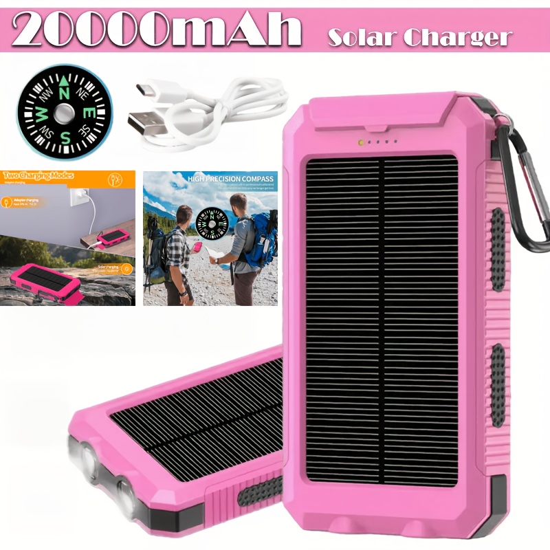 TEMU 1-pack 20, 000mah Solar Power Bank: Portable Usb-output Solar Panel, Fast-charging External Battery Pack With Built-in Led Flashlight For