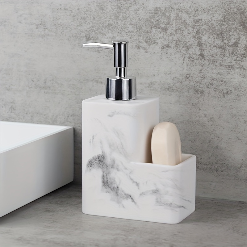 

1pc Marble Design Refillable Soap Dispenser With Brush Holder - Rectangle Hand Wash Only Unscented Pump Bottle For Kitchen Bathroom Counter-top Sink Organization