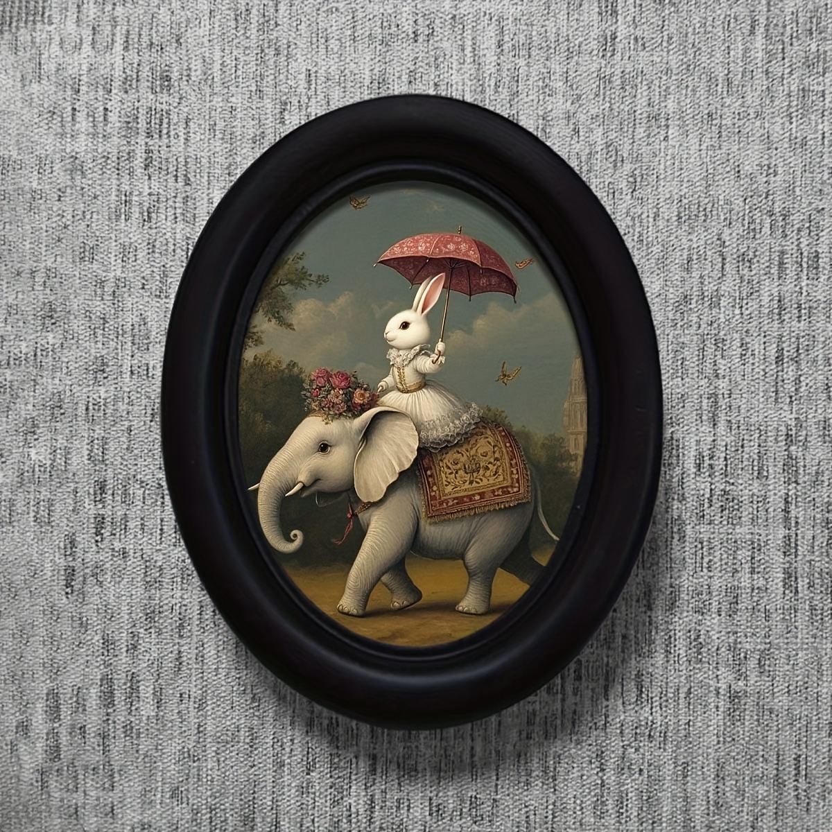 1pc vintage bunny riding elephant with umbrella - farmhouse wall decor, oval photo frame (10.57x13. ), handmade recycled wood frame for living room, bedroom, halloween decoration - ready-to-hang rustic home art gift, 2d flat,   room decor 0