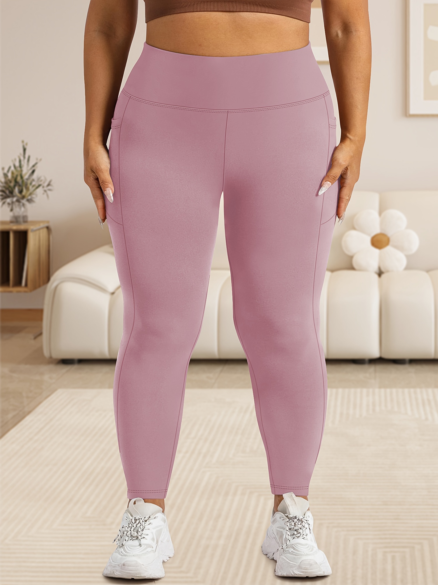 Women'S Plus Size High Waist Tummy Control Leggings with Pockets, 88% Polyester 12% Elastane, Skinny Fit, Solid Color, Knit Fabric, 200g/m², All Season Athletic Yoga Pants for Running & Fitness