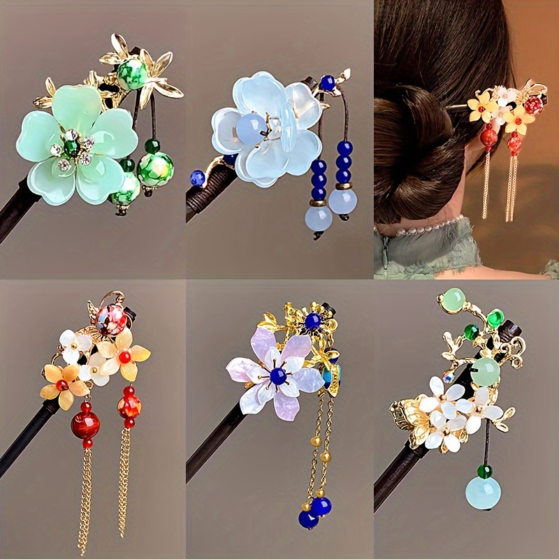 

5pcs Handmade Wooden Elegant Tassel Hairpins, Vintage Ladies' Flower Hairpins, Traditional Qipao Jewelry Hair Accessories