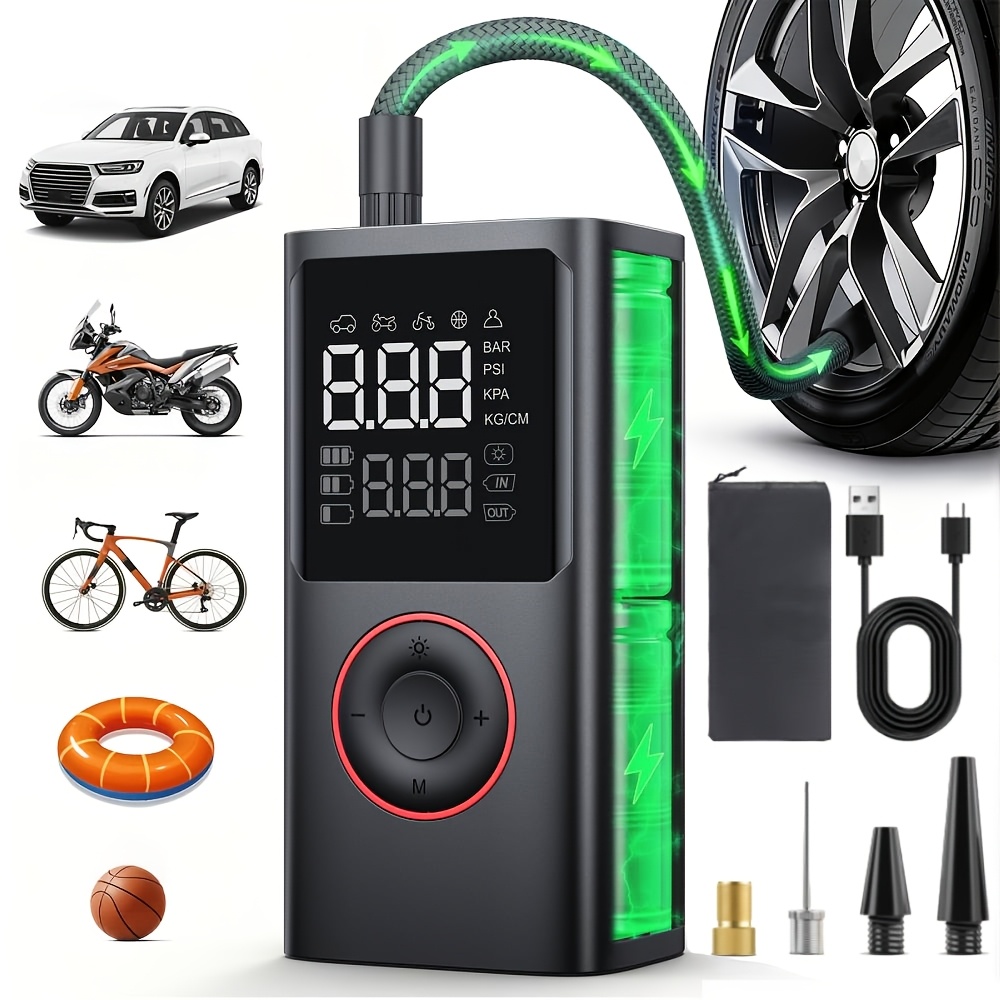 Portable Cordless Tire Inflator Air Compressor with Digital Gauge & LED Light, USB- Rechargeable Fast Inflation Suitable for Cars, SUV,, Motorcycle, Sports Equipment, Balls - USB- for,, Emergency Use