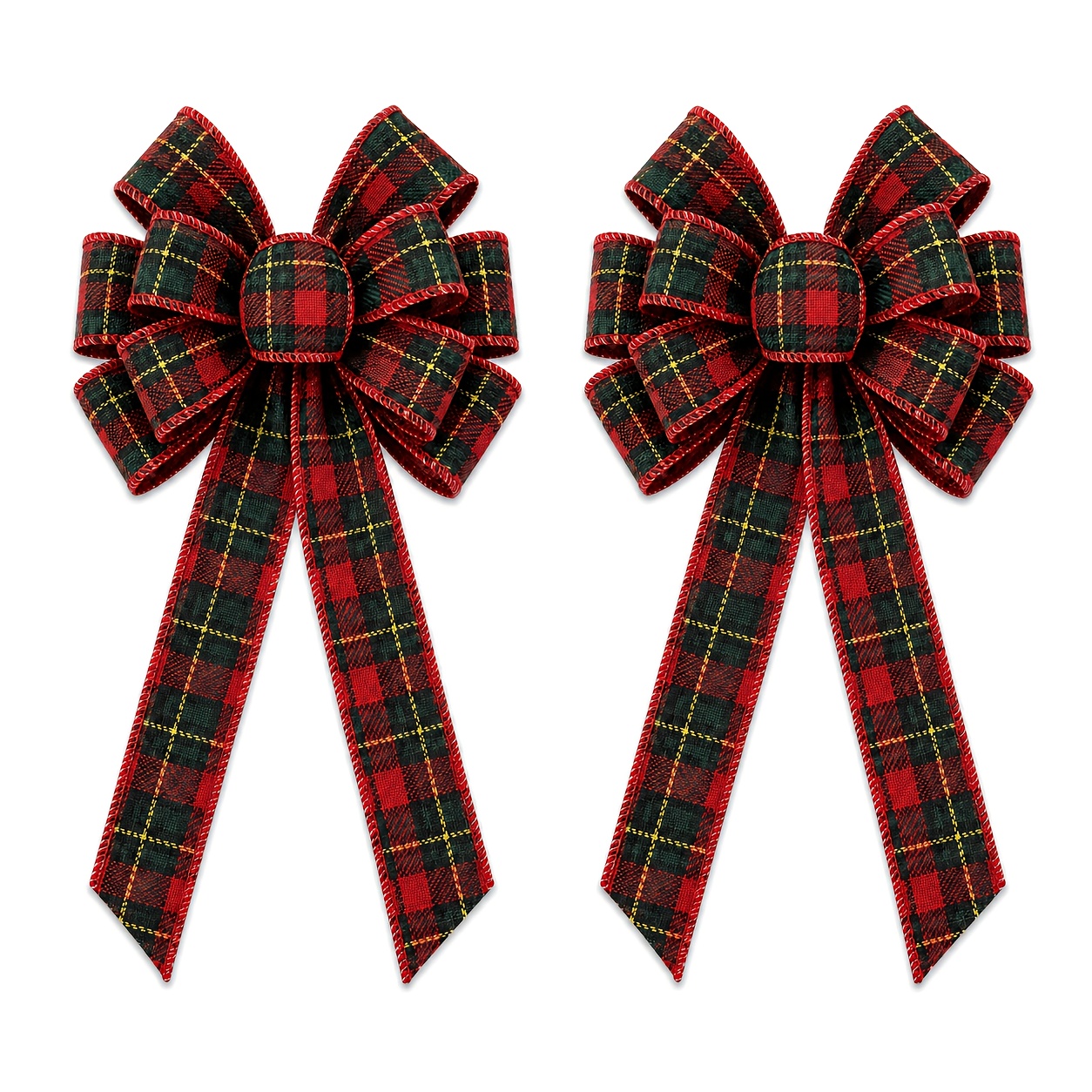 TEMU Lot de 2 nœuds à carreaux de Noël Bows&Ribbons, nœuds en ruban à armature à longues queues en tartan pour sommet de sapin de Noël, couronne,
