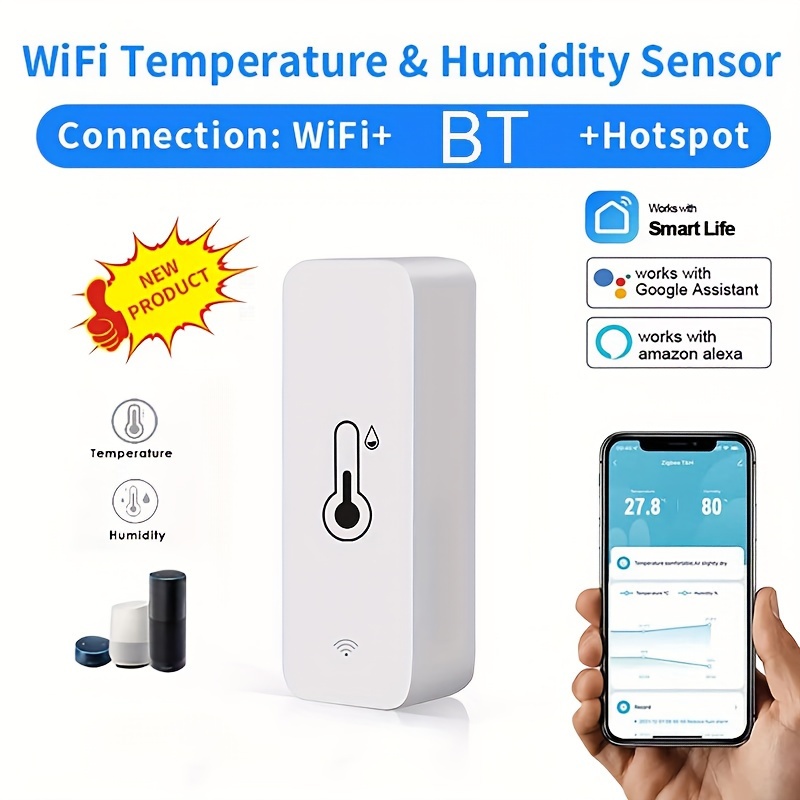 

Smart Home Automation: 1pc Smart Temperature & Humidity Sensor With Wifi App Remote Control & Alexa/google Assistant Compatibility