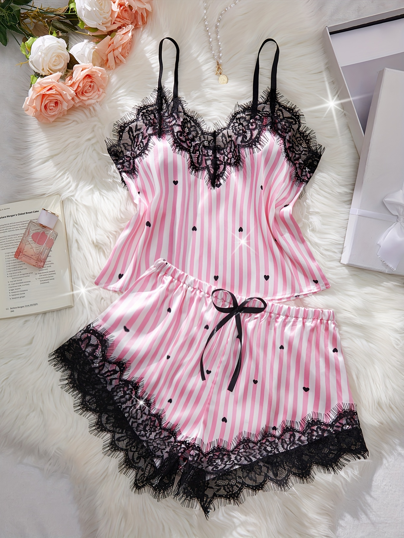 stripe heart print pajama set hollow floral lace top bow
