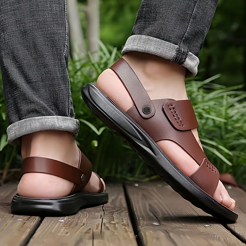 

Men's Solid Colour Vintage Open Toe Breathable Sandals, Comfy Non Slip Casual Durable Beach Water Shoes, Men's Outdoor Footwear