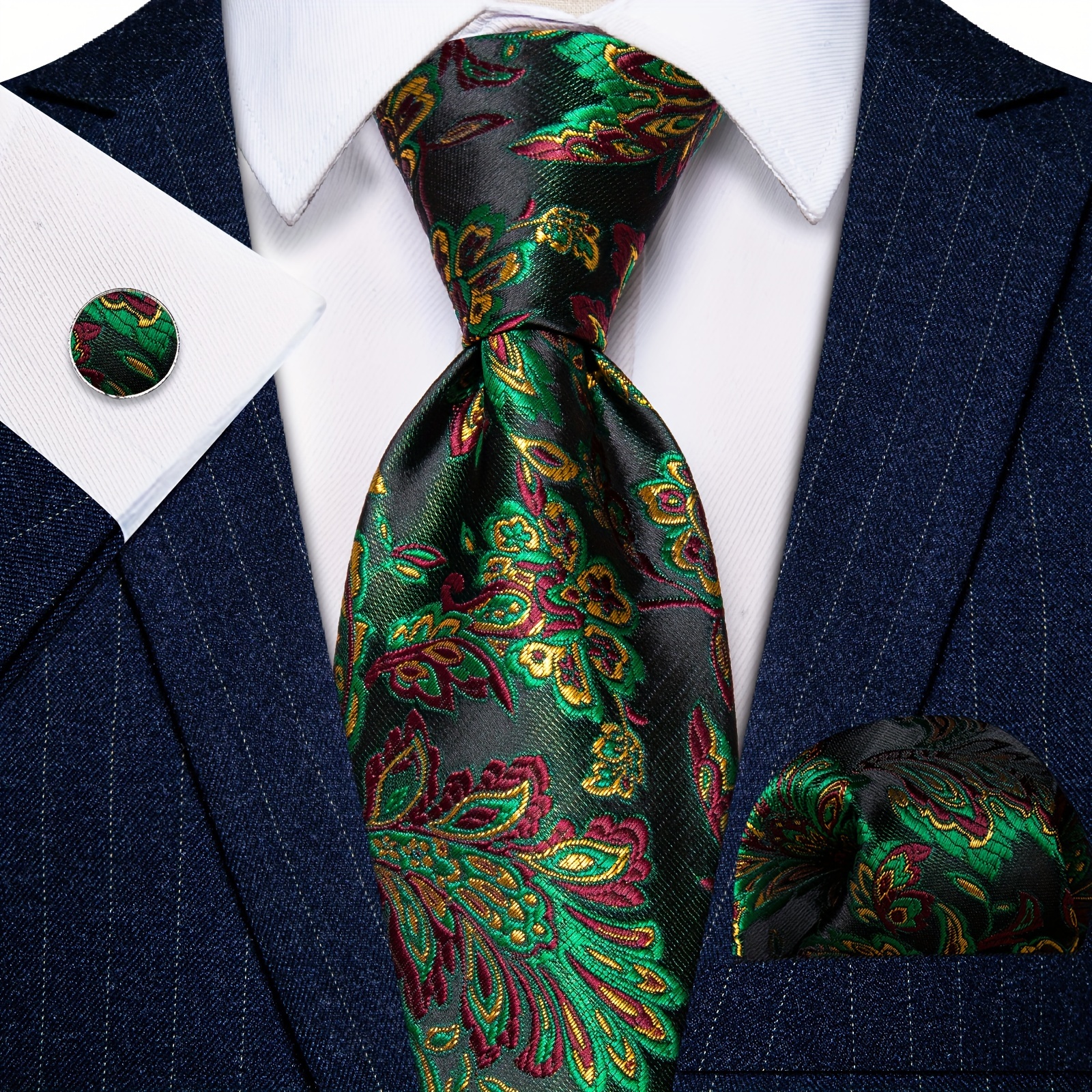 Men's Formal Tie With Pocket Square - Classic Solid Color, 58" Long, Wedding & Business Necktie