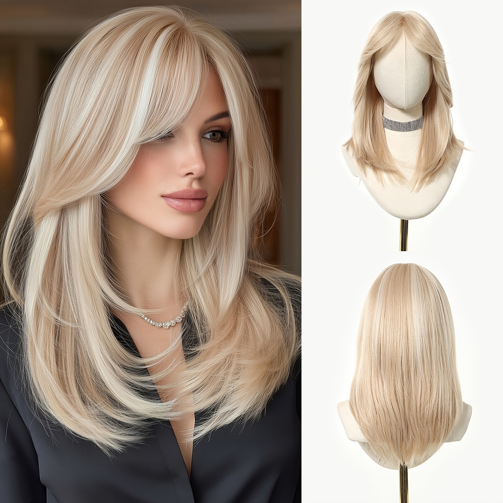 TEMU Peluca de Mujer de 18 Pulgadas, Dorado con , Partes con Flequillo, Red de Nivel, Adecuada para Actividades como Trabajo, , Maquillaje o ,